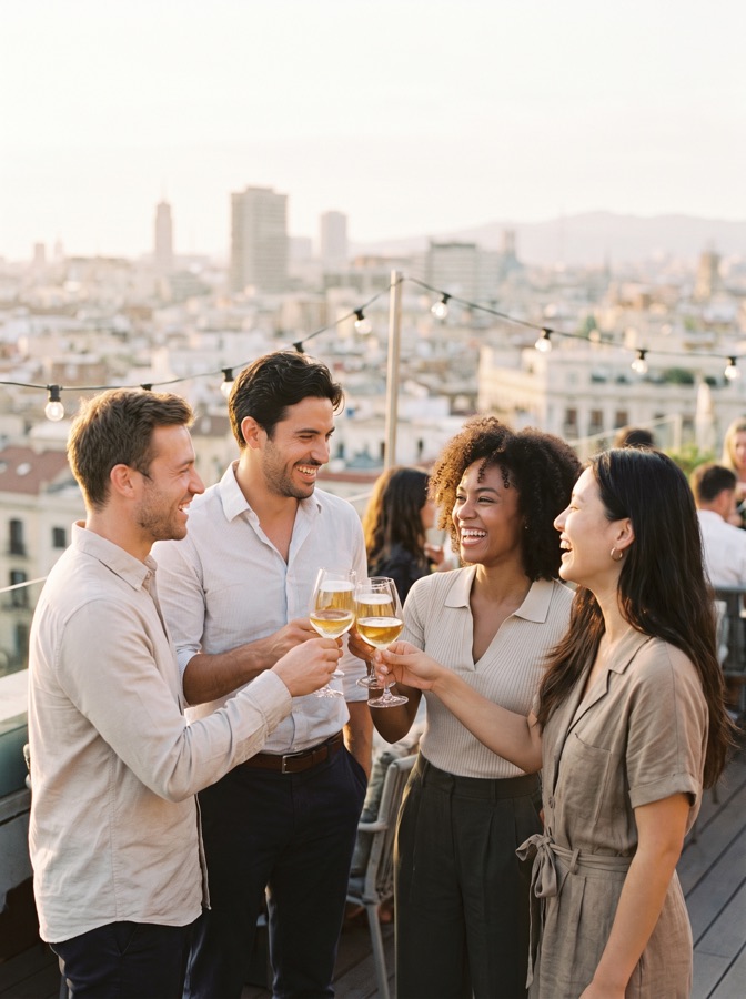Friends toasting on a rooftop at sunset