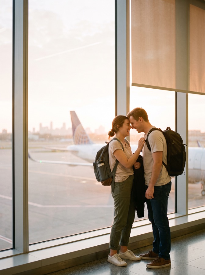 Couple with backpacks at an airport window