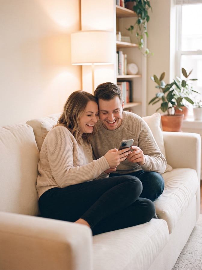 Two people laughing at a phone screen together