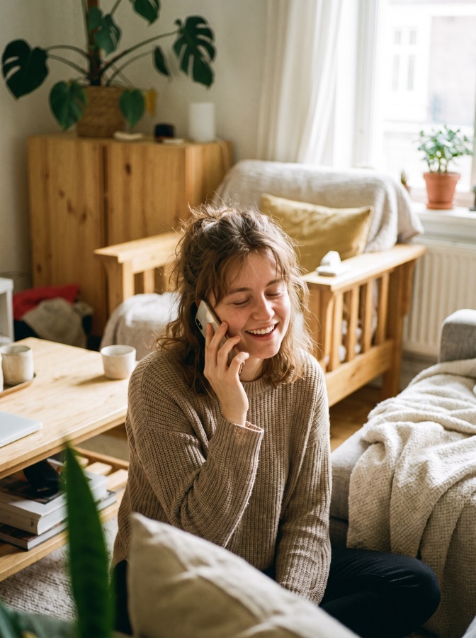 Woman smiling while listening to a voice message