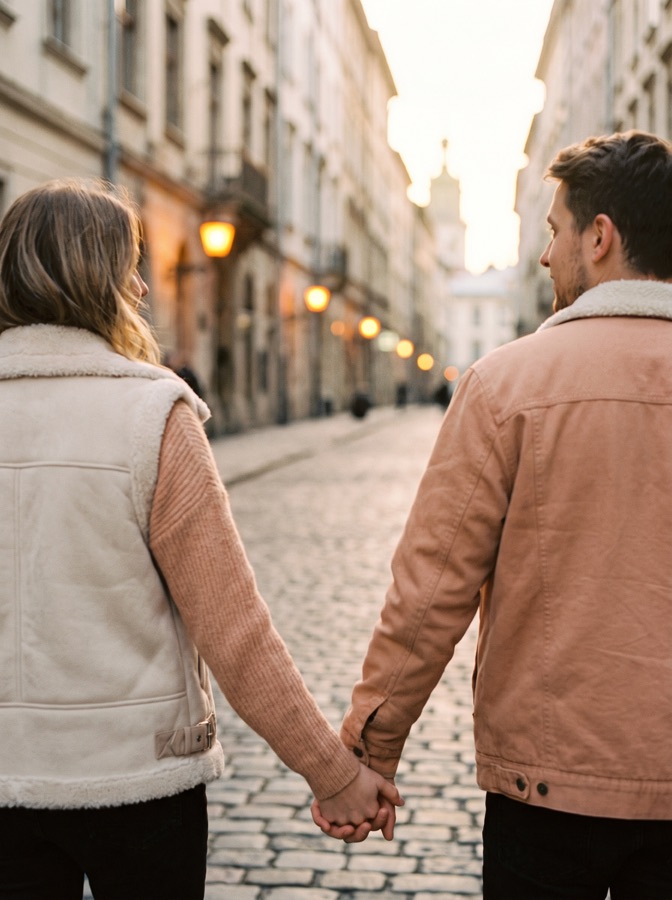 Couple walking a city street at sunset