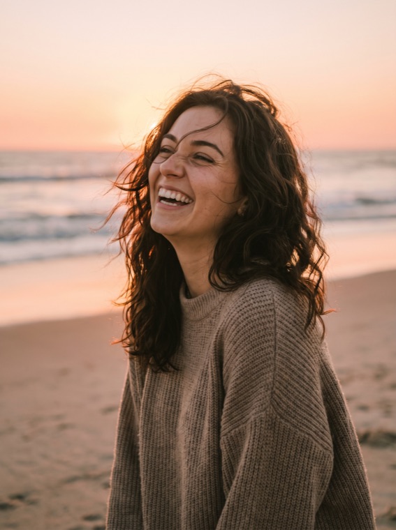 Smiling woman on a beach at sunset